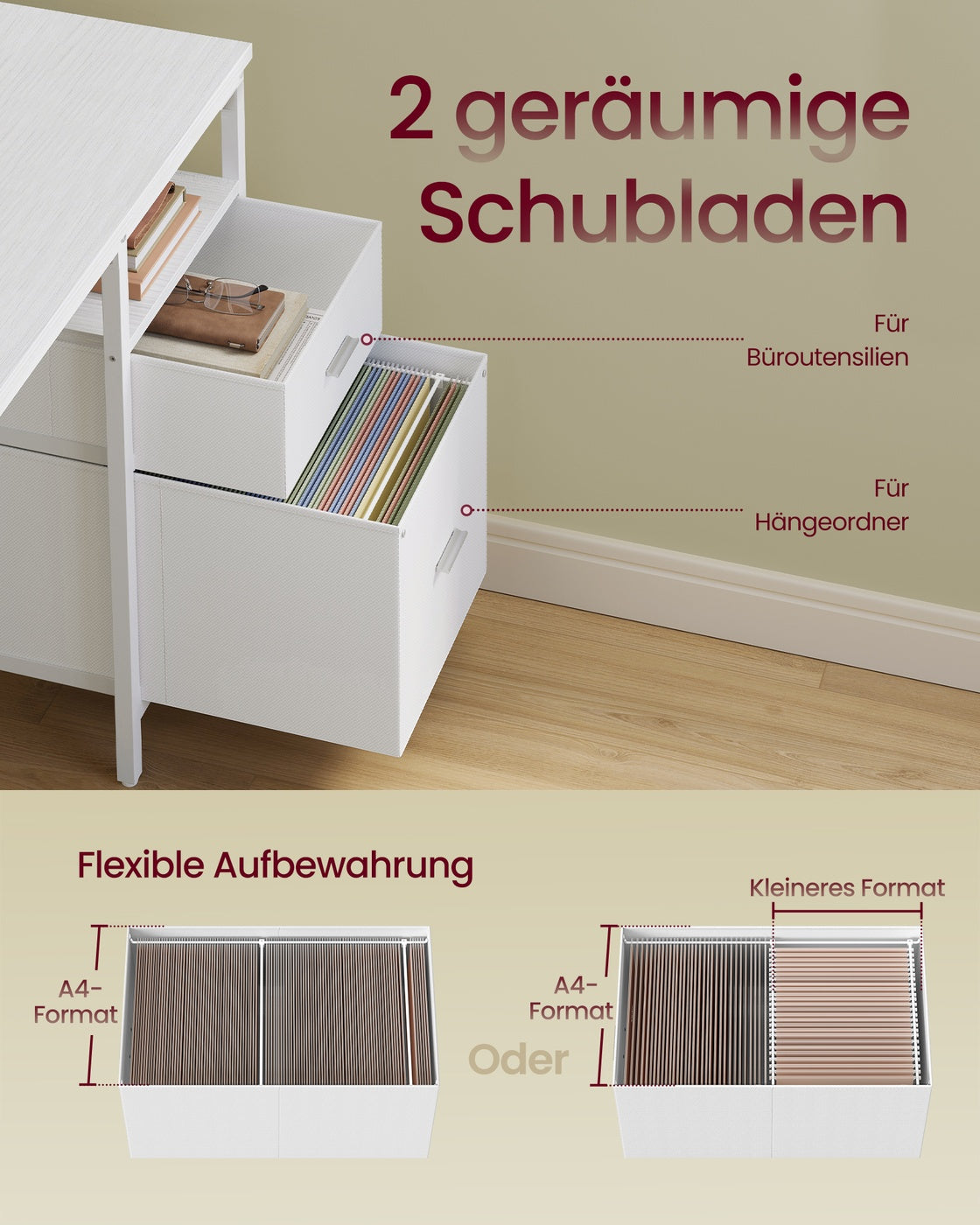 Schreibtisch mit Stoff-Schubladen und LED-Beleuchtung ahornweiß