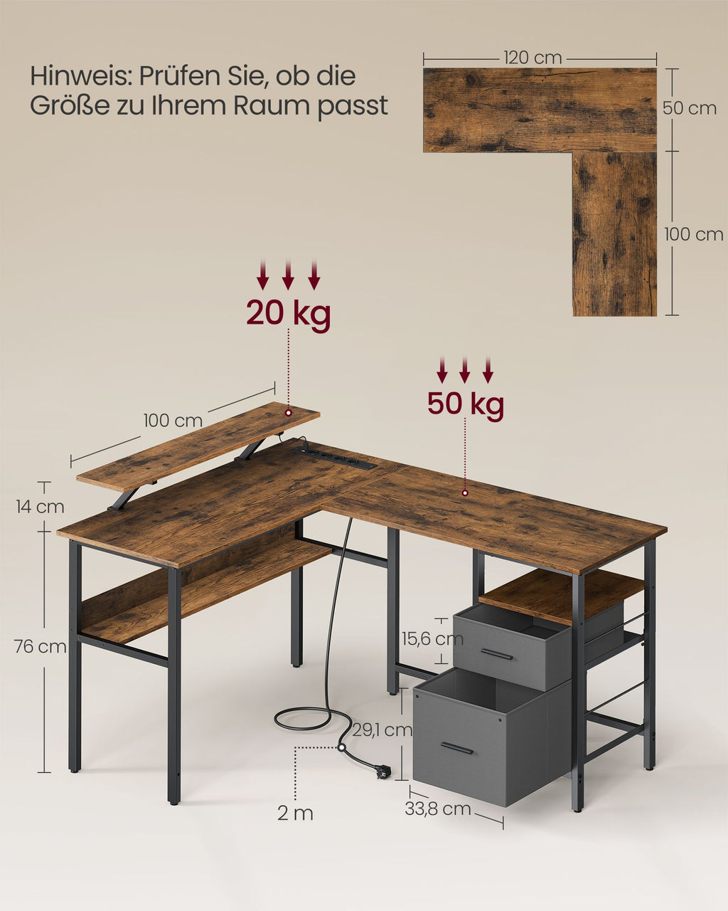 L-förmiger Schreibtisch mit Steckdosen vintagebraun