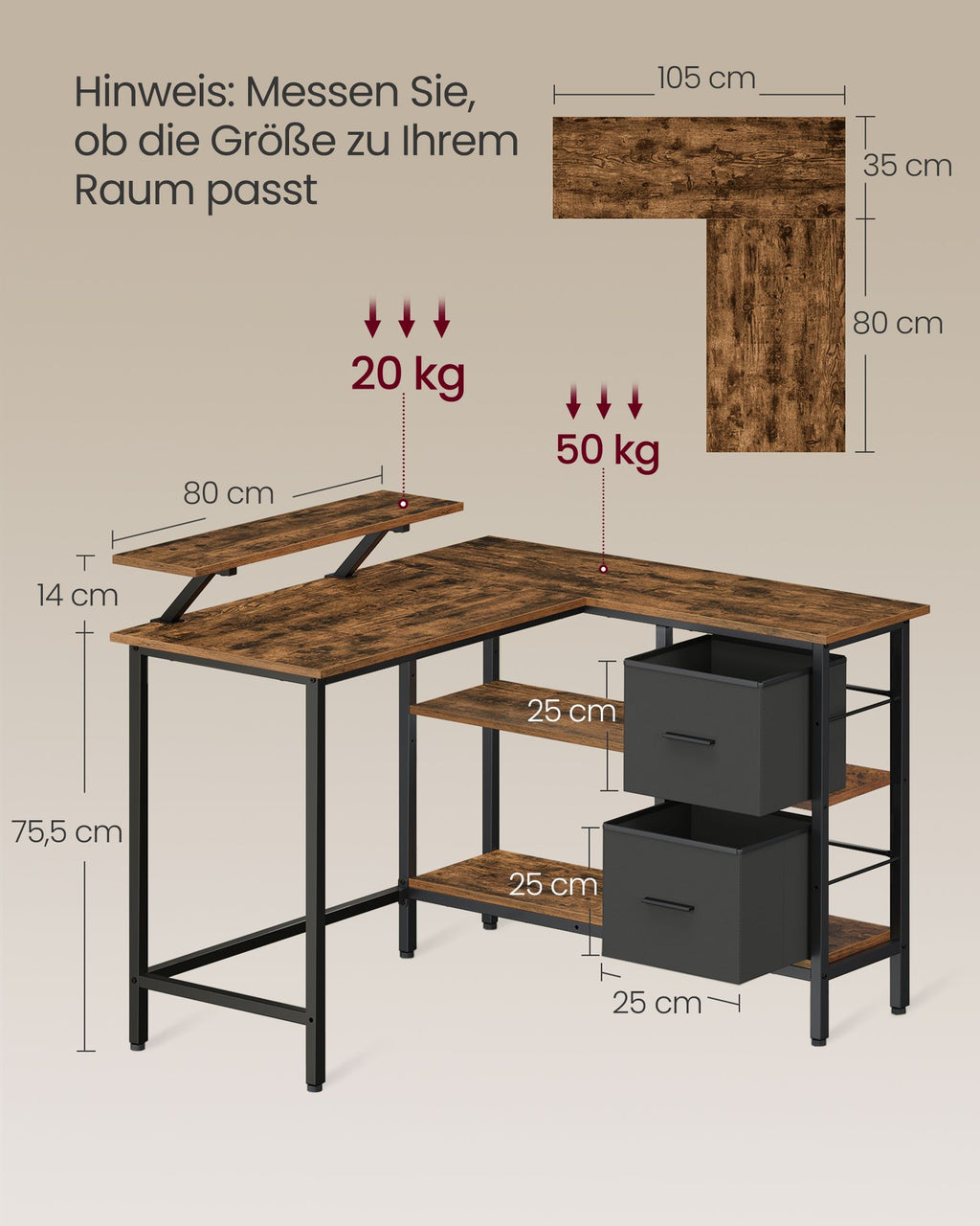 L-förmiger Schreibtisch mit 2 Schubladen 115 x 105 cm