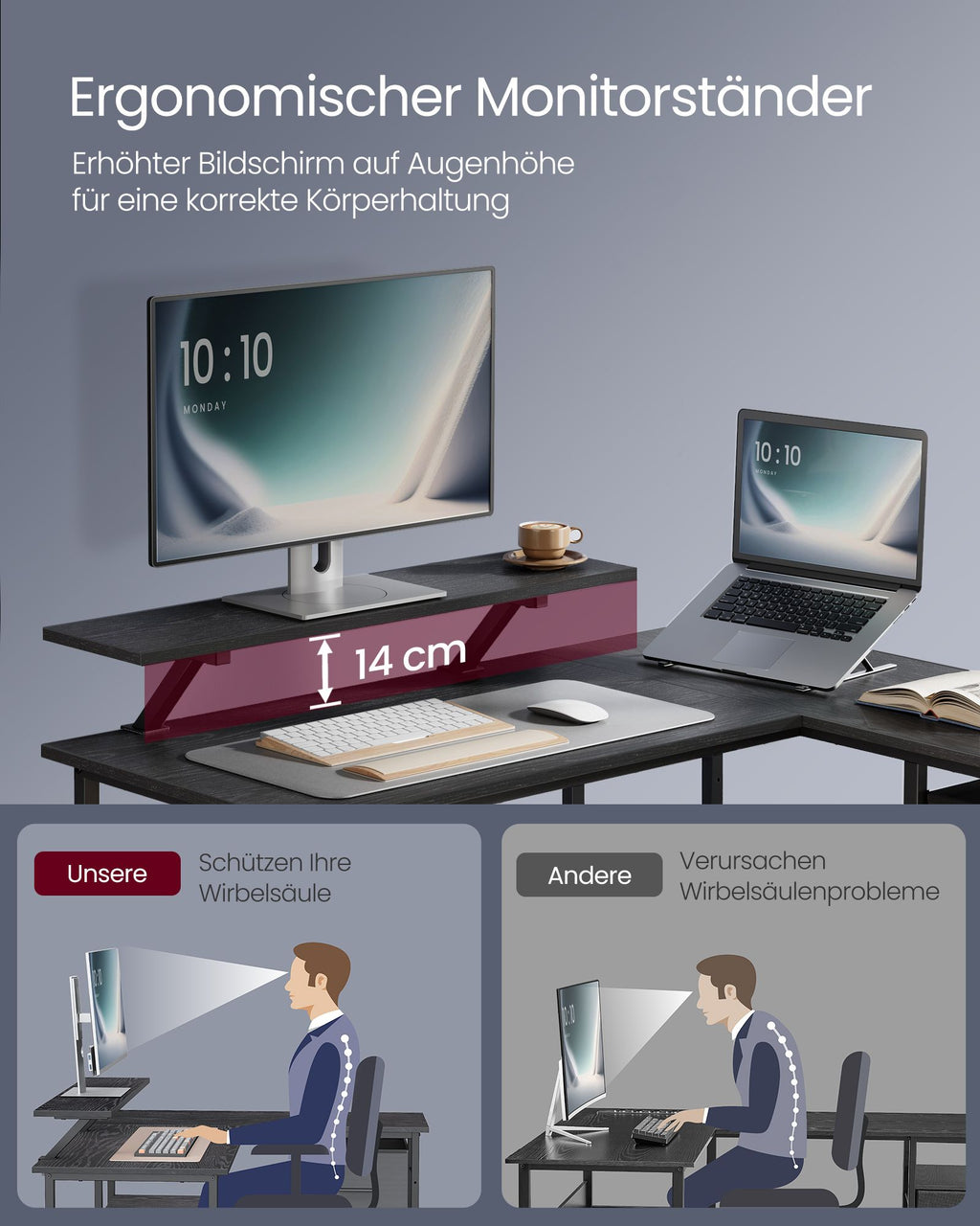 L-förmiger Schreibtisch mit Monitorständer und Ablage