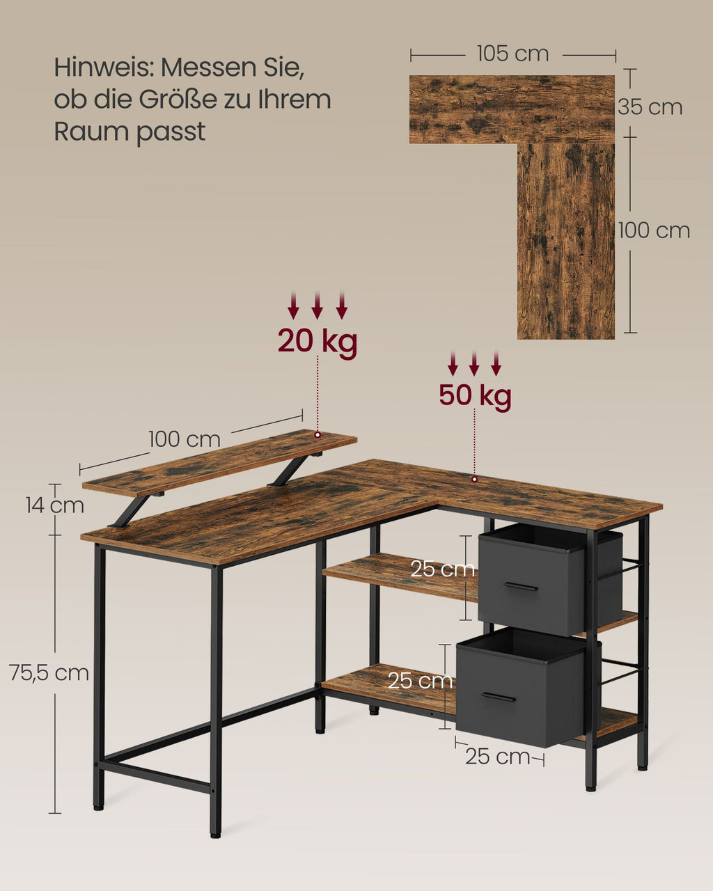 L-förmiger Schreibtisch mit 2 Schubladen 135 x 105 cm
