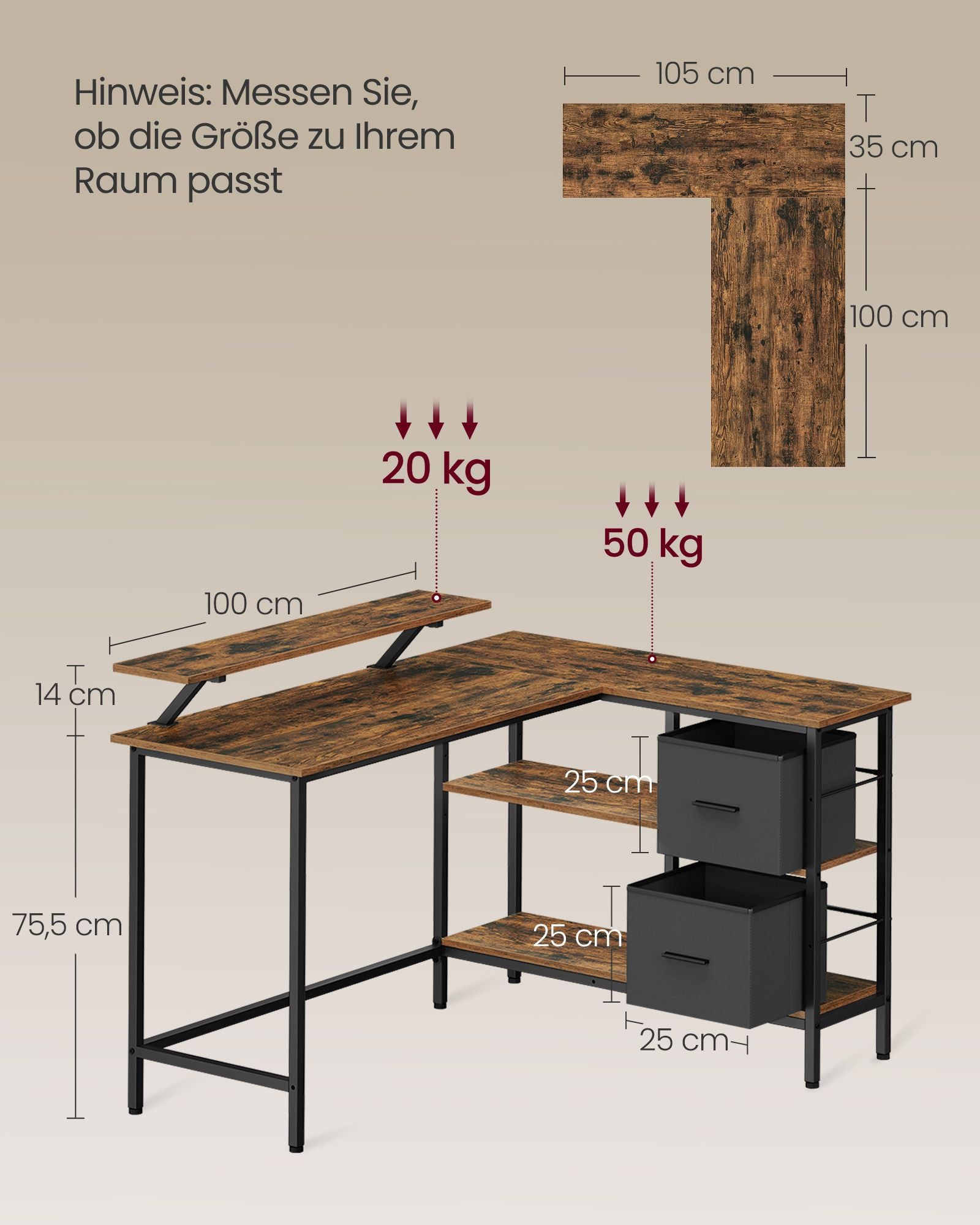 L-förmiger Schreibtisch mit 2 Schubladen 135 x 105 cm