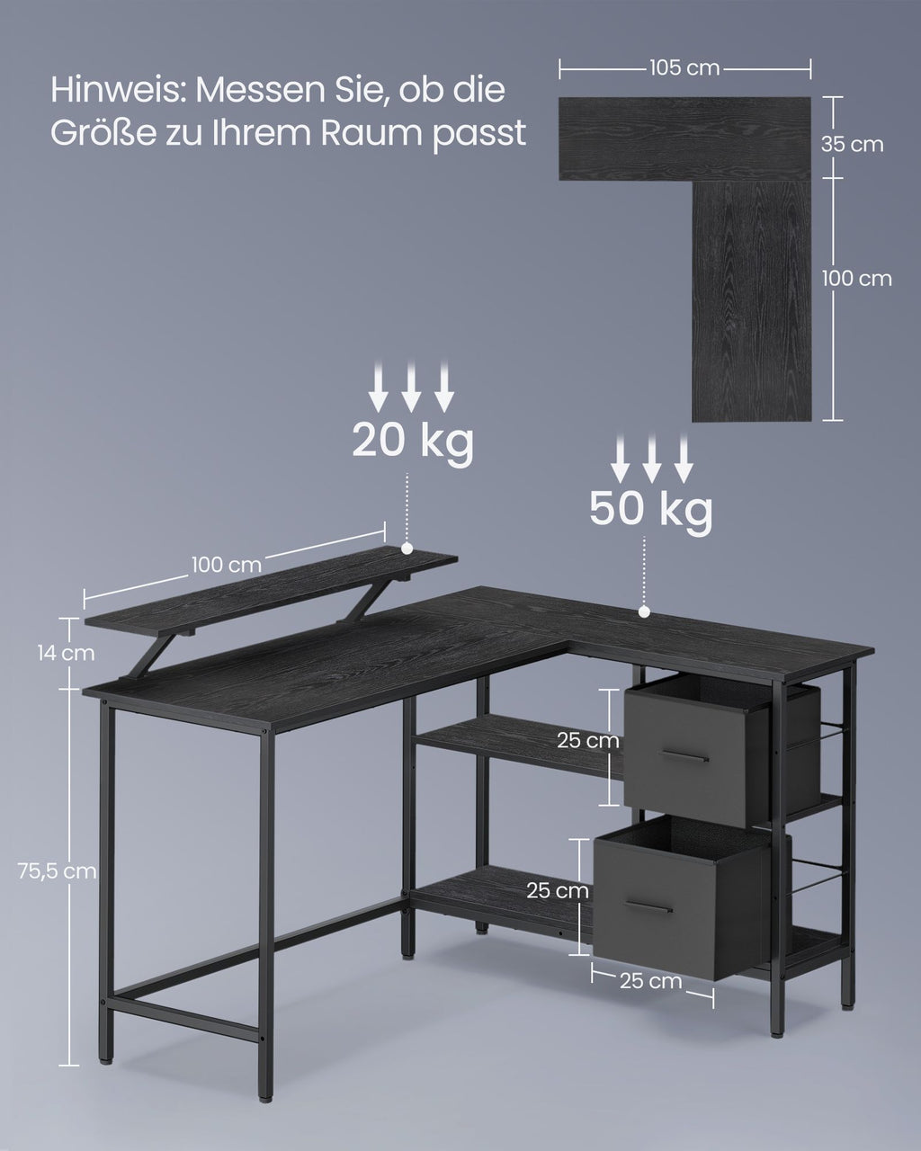 L-förmiger Schreibtisch mit 2 Schubladen 135 x 105 cm schwarz