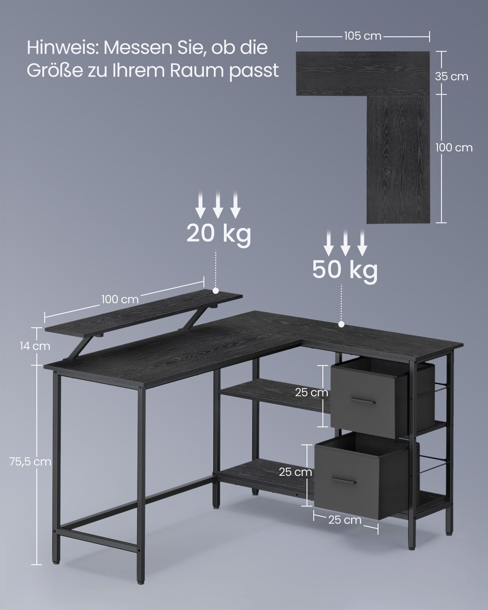 L-förmiger Schreibtisch mit 2 Schubladen 135 x 105 cm schwarz