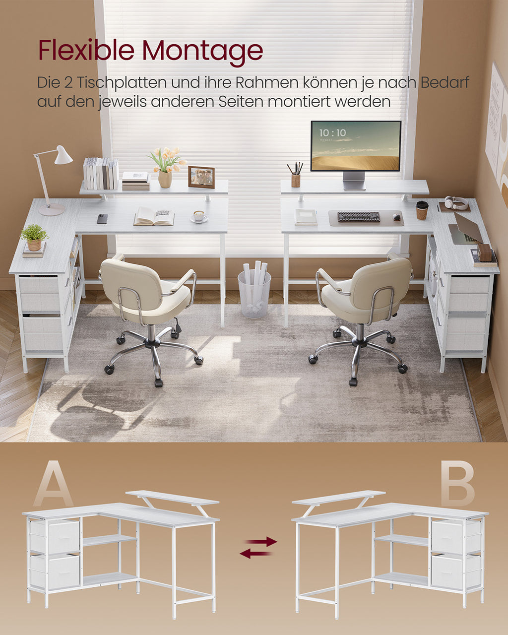 L-förmiger Schreibtisch mit 2 Schubladen und Monitorständer