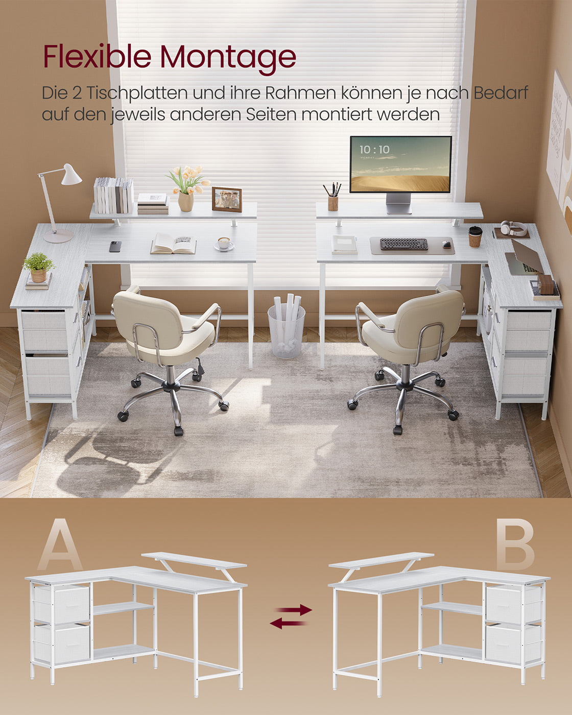 L-förmiger Schreibtisch mit 2 Schubladen und Monitorständer