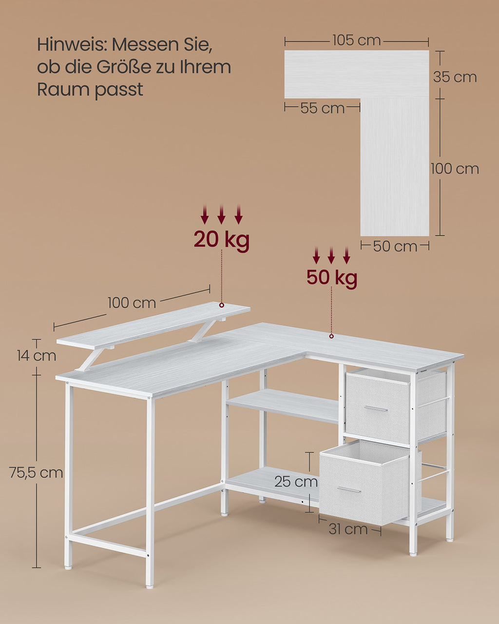 L-förmiger Schreibtisch mit 2 Schubladen und Monitorständer