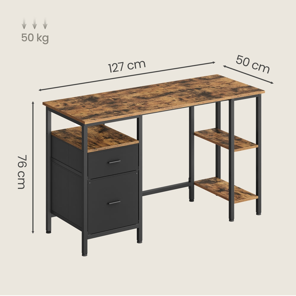 Schreibtisch mit 3 Ablagen, Bürotisch mit 2 Schubladen, 127 x 50 x 76 cm