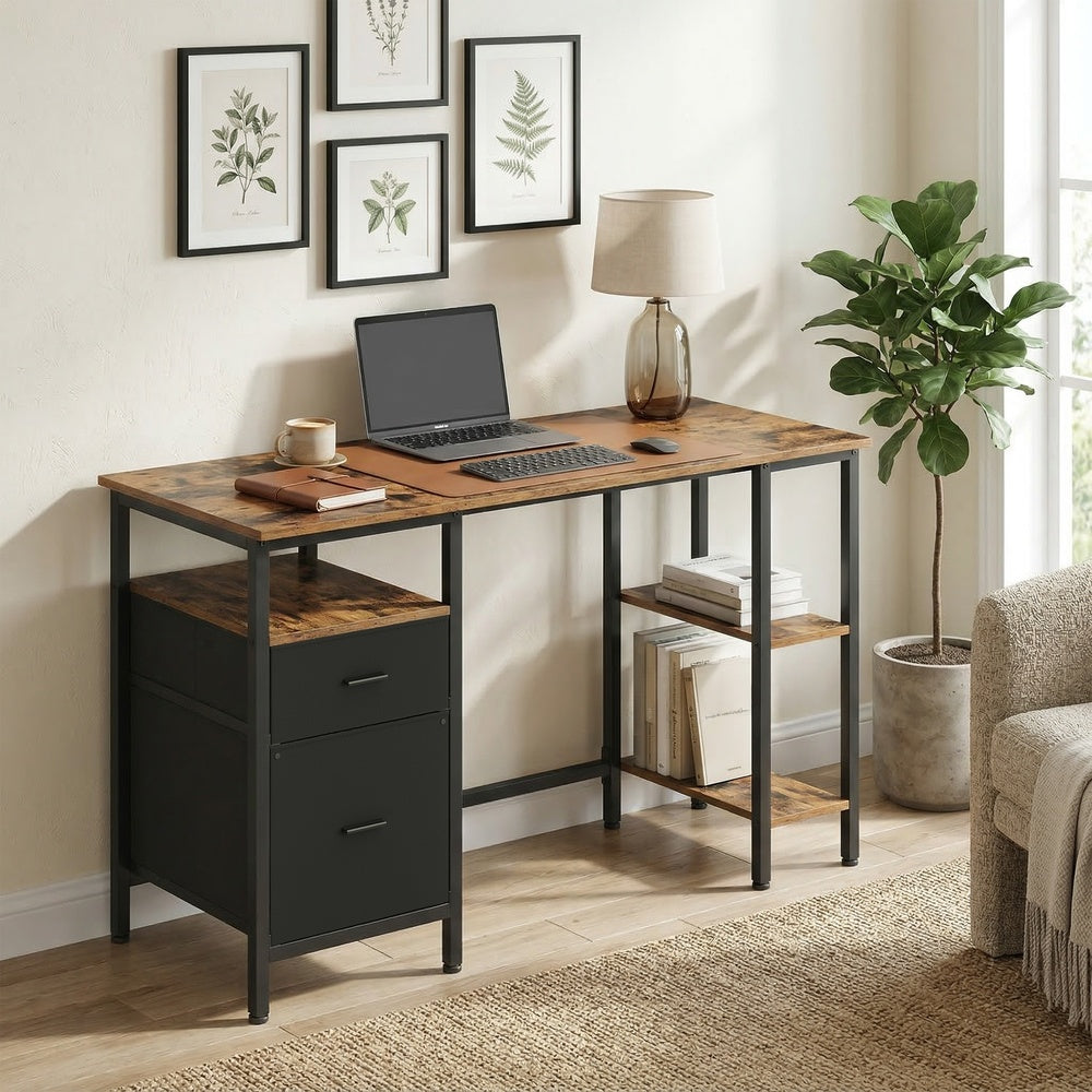 Schreibtisch mit 3 Ablagen, Bürotisch mit 2 Schubladen, 127 x 50 x 76 cm