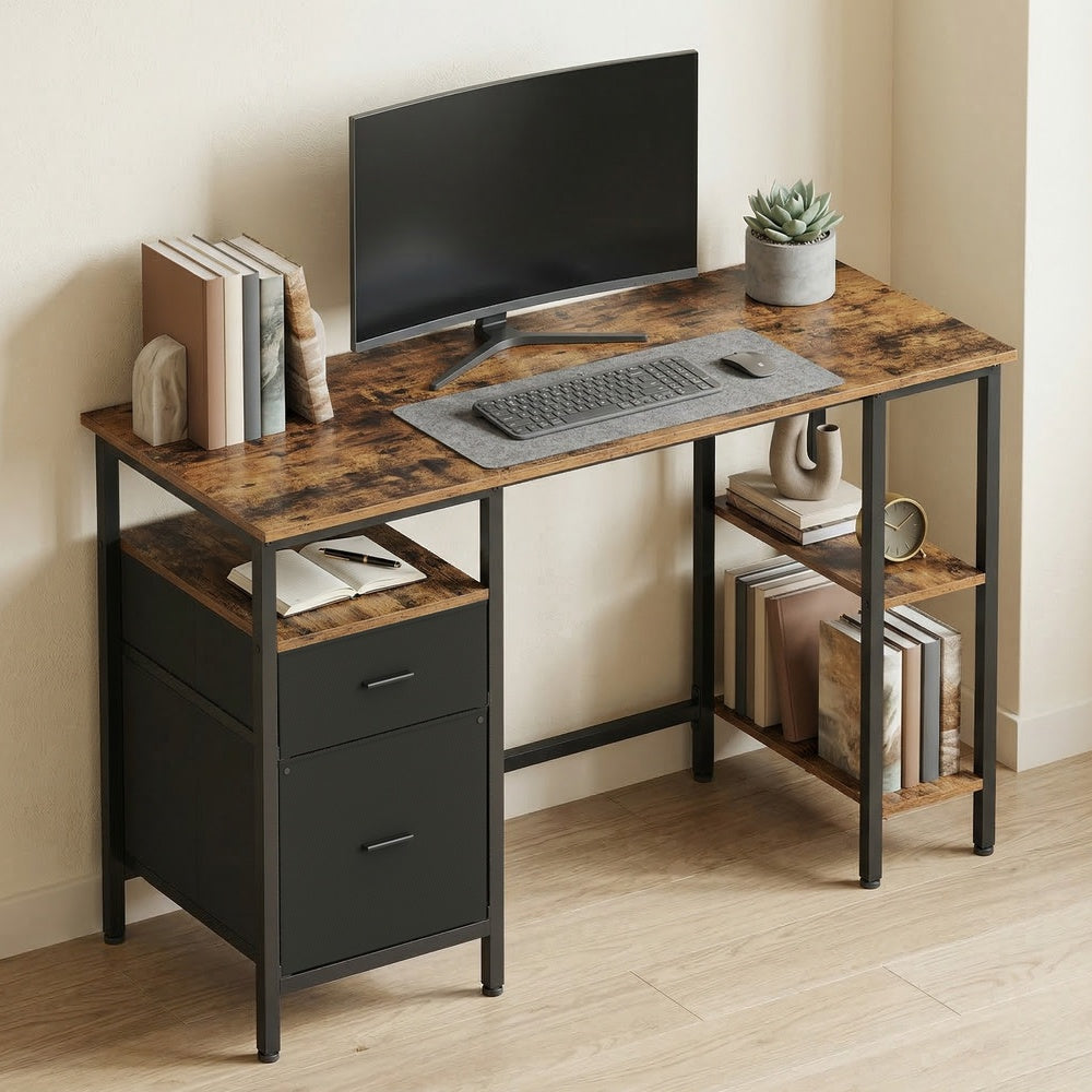 Schreibtisch mit 3 Ablagen, Bürotisch mit 2 Schubladen, 127 x 50 x 76 cm