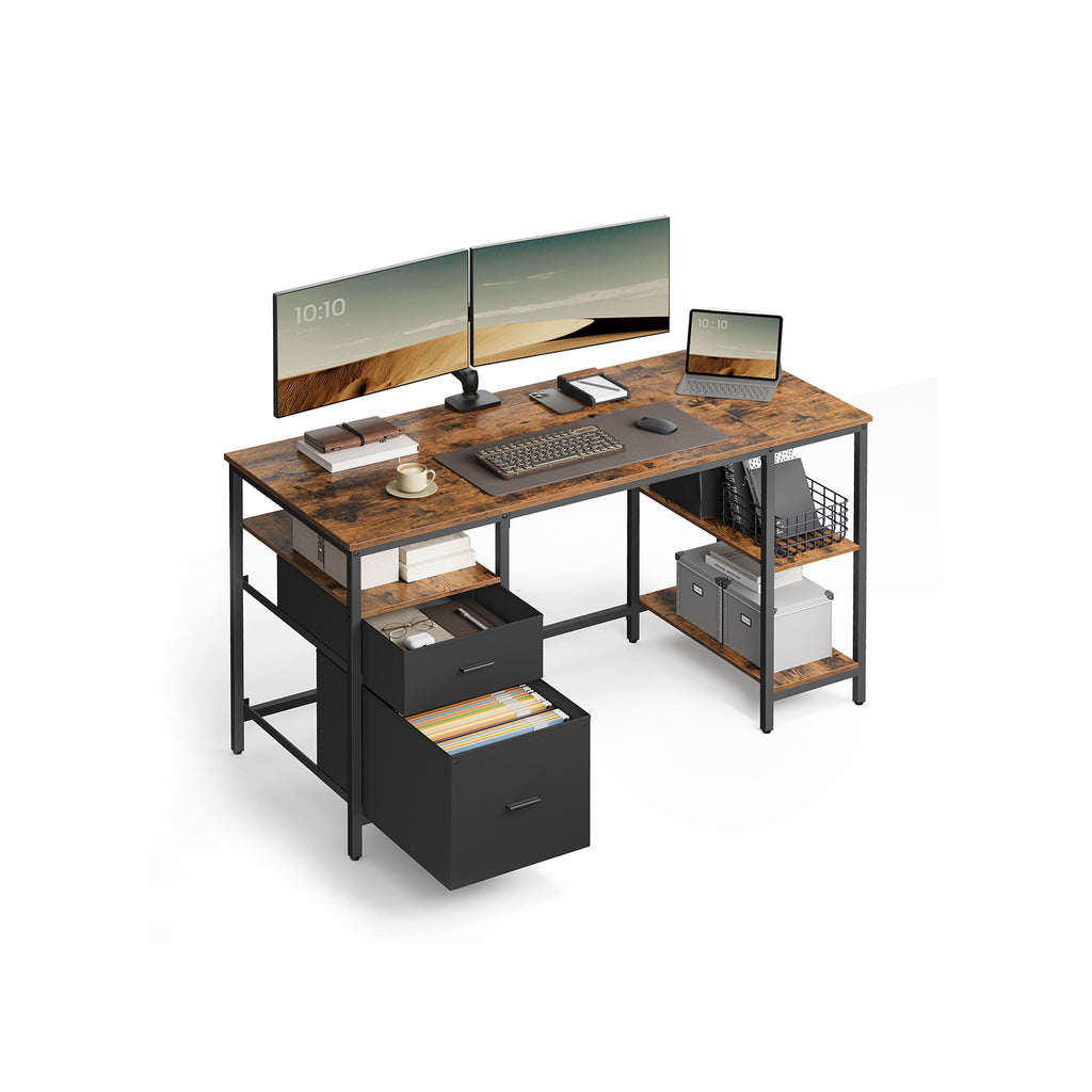 Computertisch mit 3 Ablagen und 2 Schubladen vintagebraun-schwarz