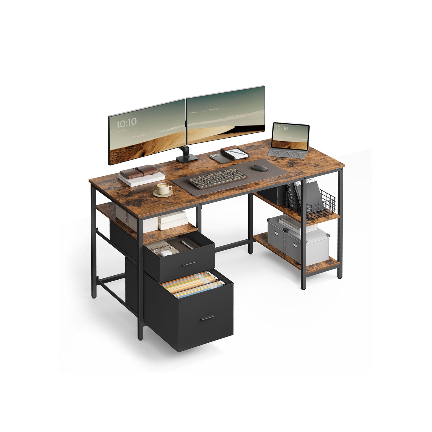 Computertisch mit 3 Ablagen und 2 Schubladen vintagebraun-schwarz