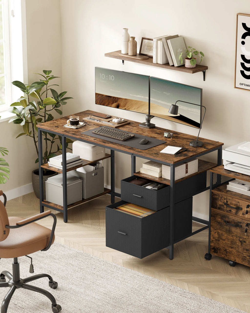 Computertisch mit 3 Ablagen und 2 Schubladen vintagebraun-schwarz