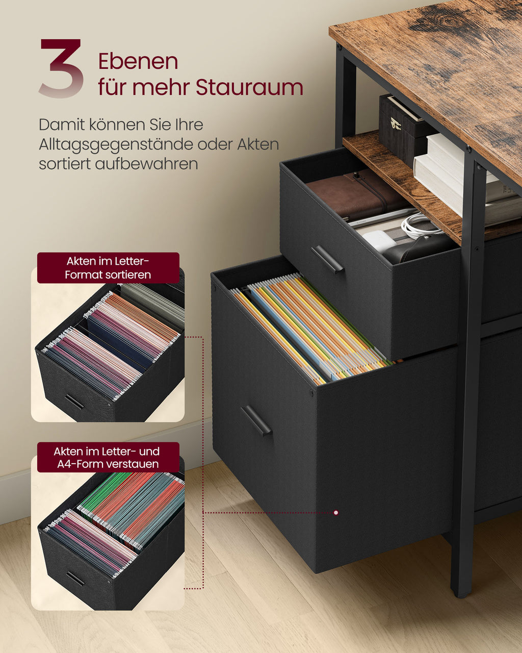 Computertisch mit 3 Ablagen und 2 Schubladen vintagebraun-schwarz