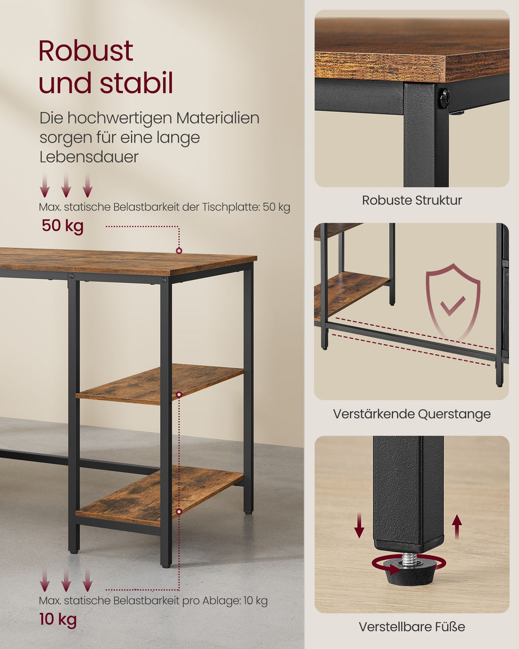 Computertisch mit 3 Ablagen und 2 Schubladen vintagebraun-schwarz