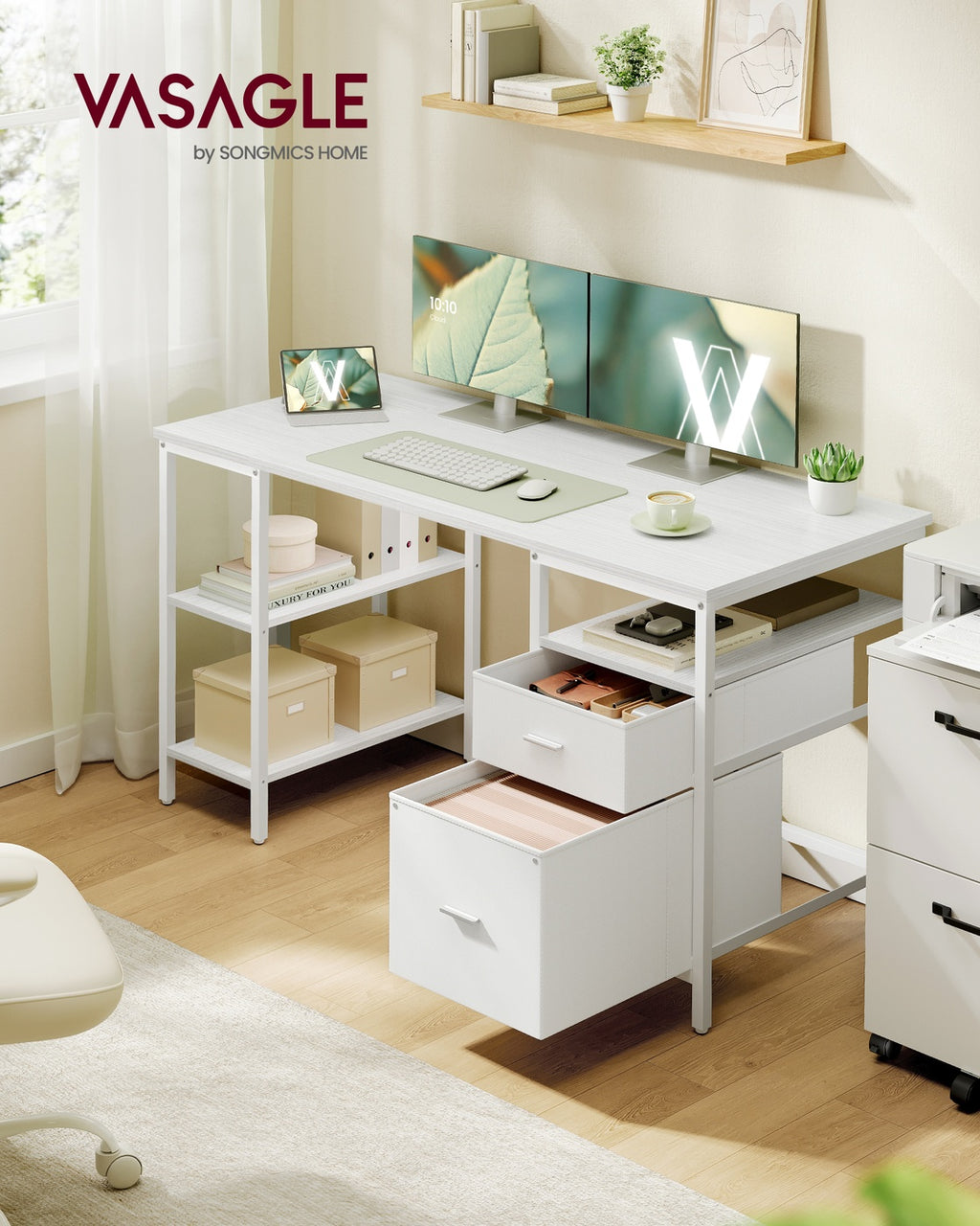 Computertisch mit 3 Ablagen 2 Schubladen 140 x 60 x 76 cm ahornweiß-wolkenweiß