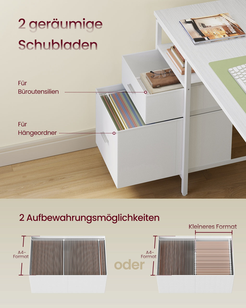 Computertisch mit 3 Ablagen 2 Schubladen 140 x 60 x 76 cm ahornweiß-wolkenweiß