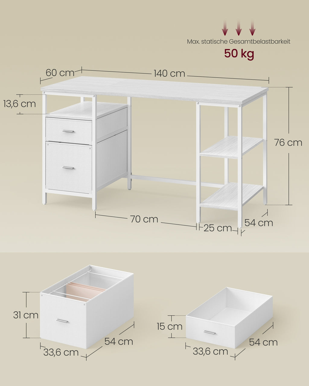 Computertisch mit 3 Ablagen 2 Schubladen 140 x 60 x 76 cm ahornweiß-wolkenweiß