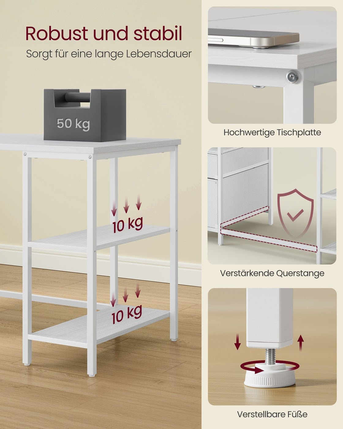 Computertisch mit 3 Ablagen 2 Schubladen 140 x 60 x 76 cm ahornweiß-wolkenweiß
