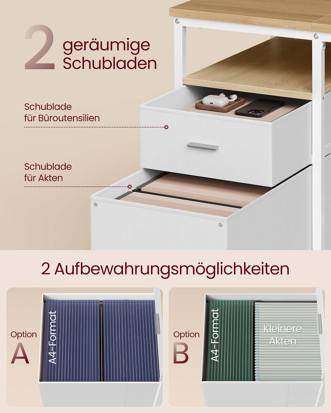 Computertisch mit 3 Ablagen und 2 Schubladen natureichenfarben-perlweiß