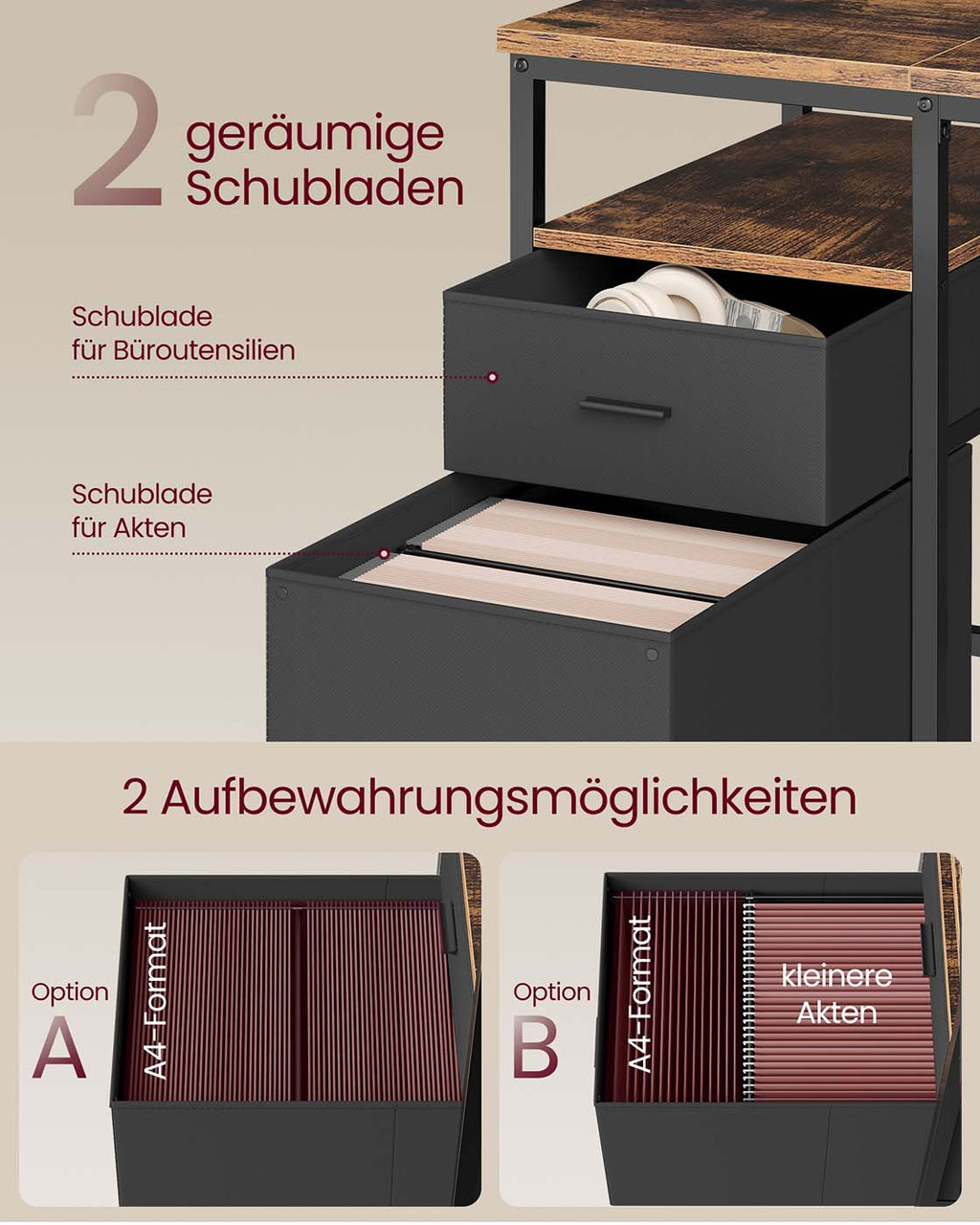 Computertisch mit 3 Ablagen und 2 Schubladen vintagebraun-schwarz