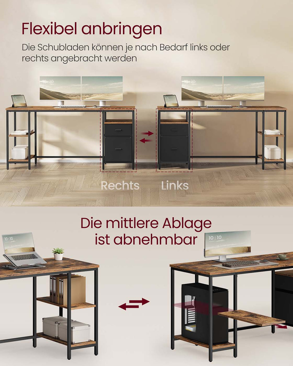 Computertisch mit 3 Ablagen und 2 Schubladen vintagebraun-schwarz