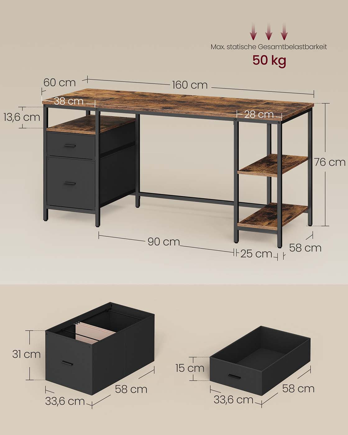 Computertisch mit 3 Ablagen und 2 Schubladen vintagebraun-schwarz
