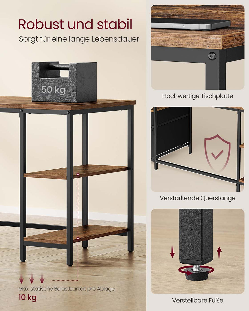 Computertisch mit 3 Ablagen und 2 Schubladen vintagebraun-schwarz