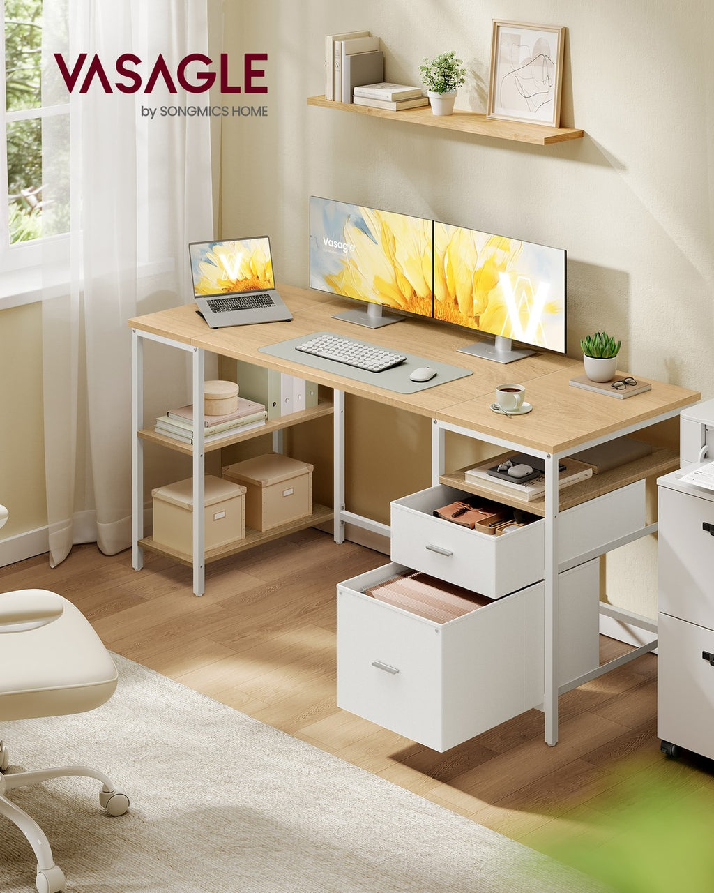 Computertisch mit 3 Ablagen und 2 Schubladen natureichenfarben-wolkenweiß