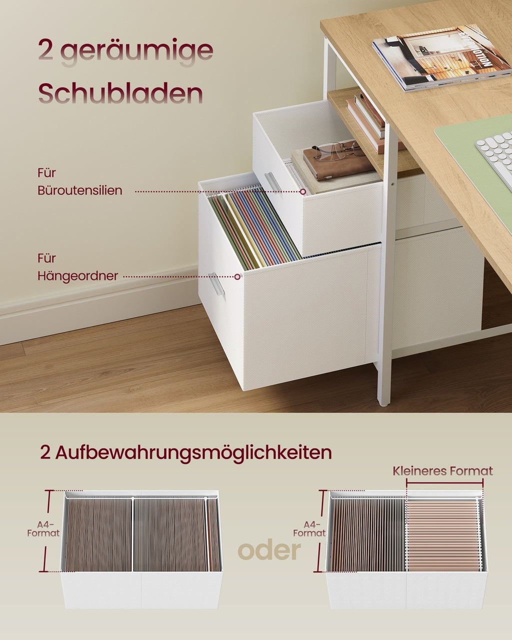Computertisch mit 3 Ablagen und 2 Schubladen natureichenfarben-wolkenweiß