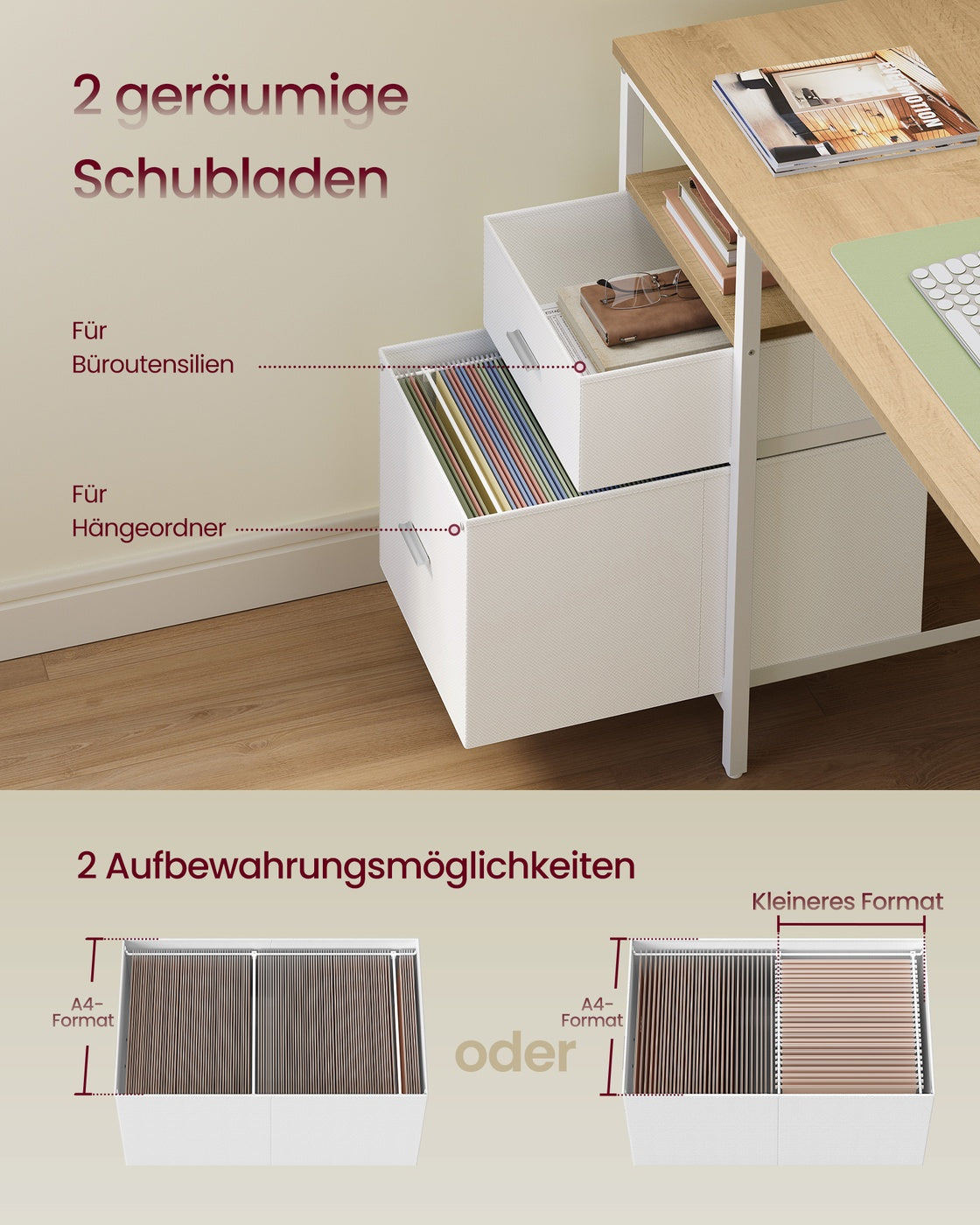 Computertisch mit 3 Ablagen und 2 Schubladen natureichenfarben-wolkenweiß