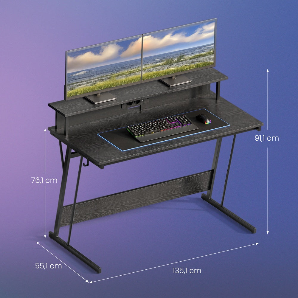 Schreibtisch mit Monitorständer 55 x 135 x 76 cm ebenholzschwarz