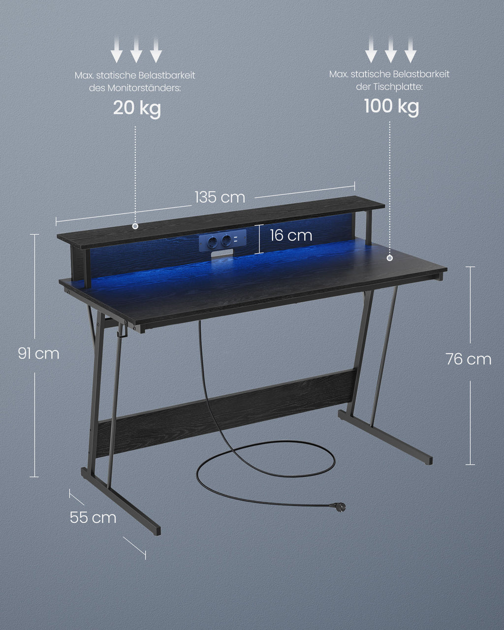 Schreibtisch mit Monitorständer 55 x 135 x 76 cm ebenholzschwarz