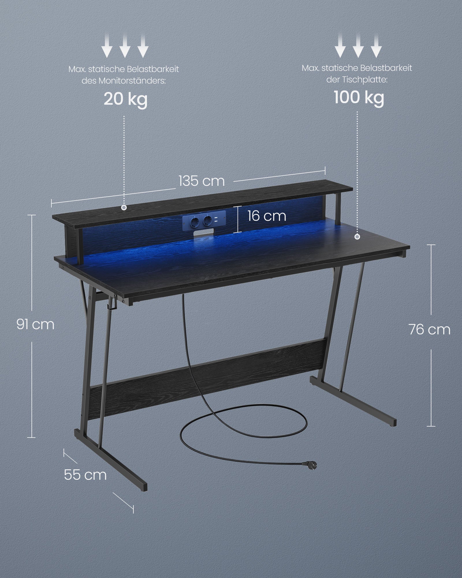 Schreibtisch mit Monitorständer 55 x 135 x 76 cm ebenholzschwarz