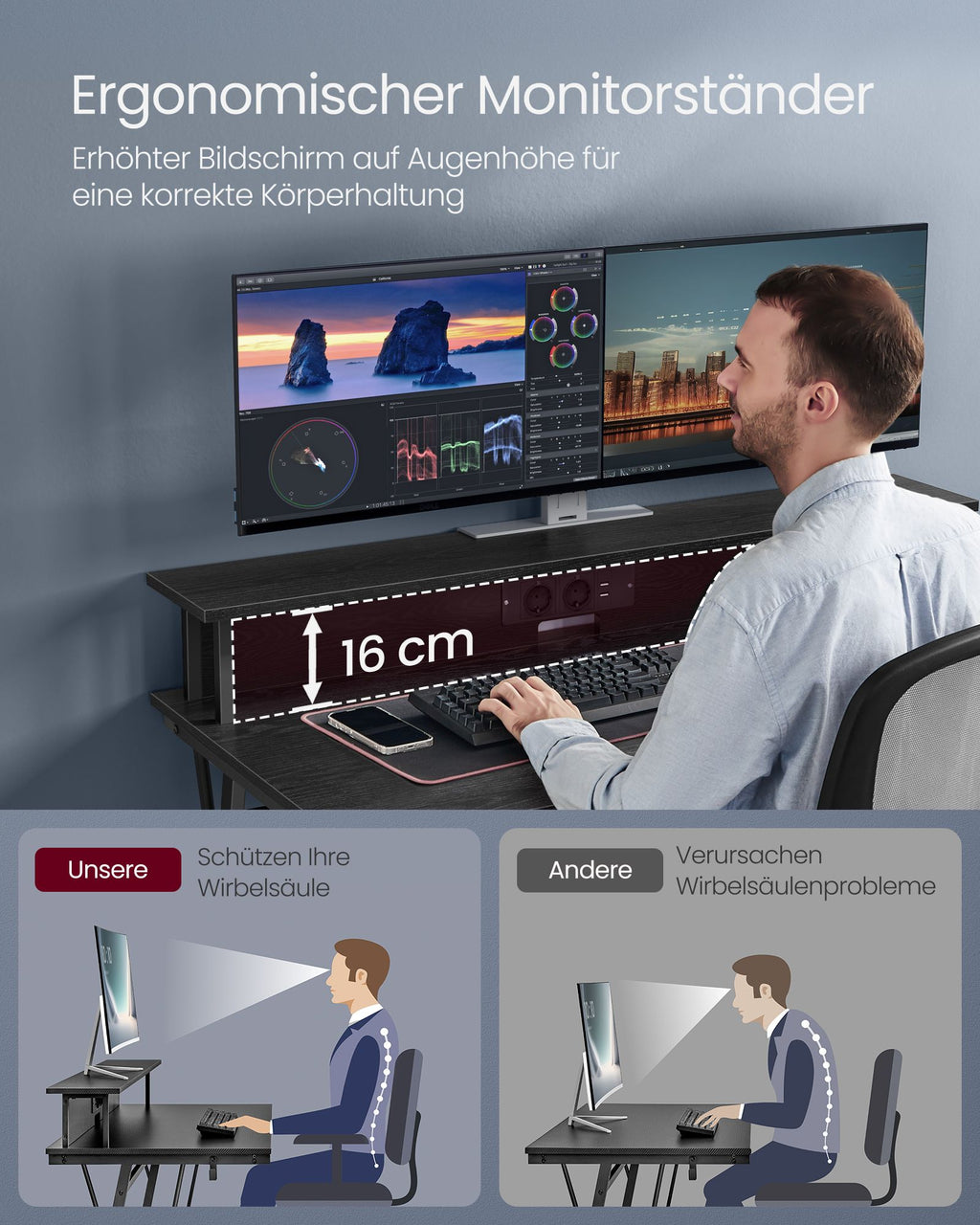 Schreibtisch mit Monitorständer 55 x 135 x 76 cm ebenholzschwarz