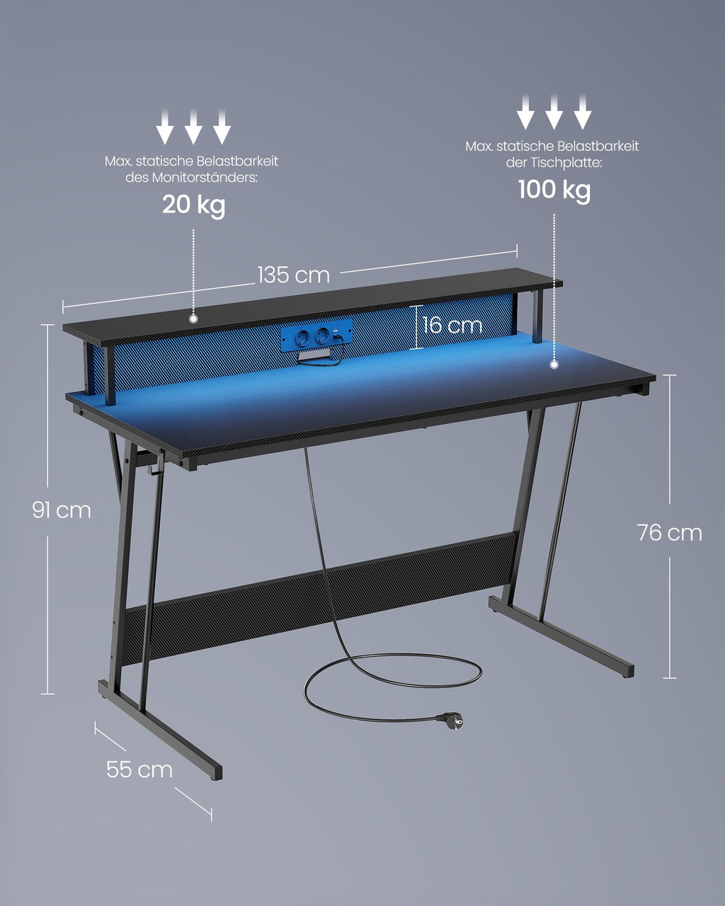 Schreibtisch mit Monitorständer 55 x 135 x 76 cm Kohlschwarz