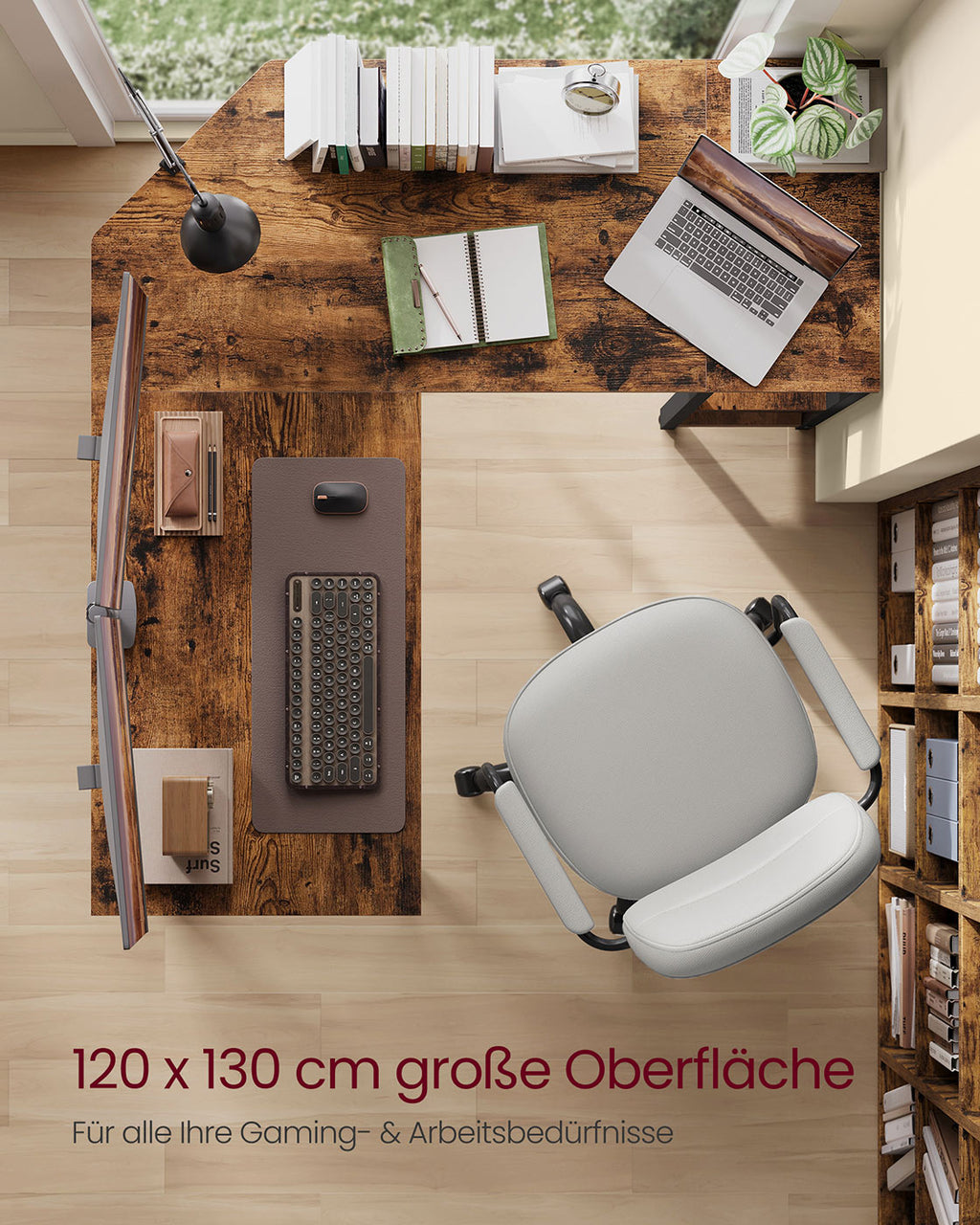 Schreibtisch 120 x 130 x 76 cm mit 2 Ablagen vintagebraun-tintenschwarz