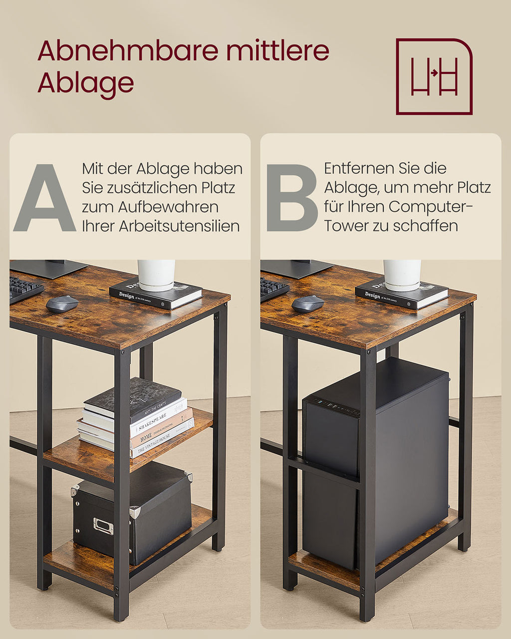Schreibtisch 120 x 130 x 76 cm mit 2 Ablagen vintagebraun-tintenschwarz