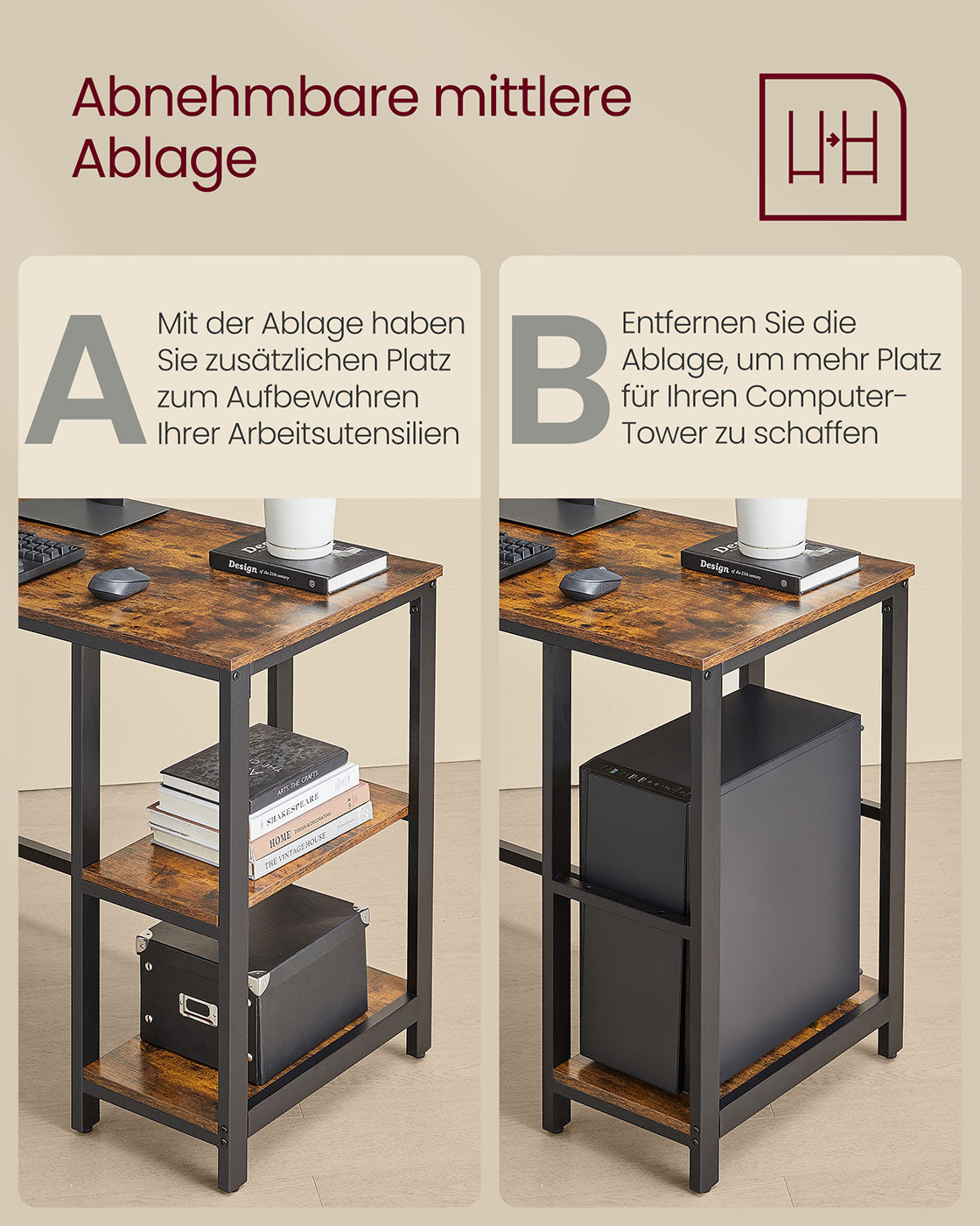 Schreibtisch 120 x 130 x 76 cm mit 2 Ablagen vintagebraun-tintenschwarz