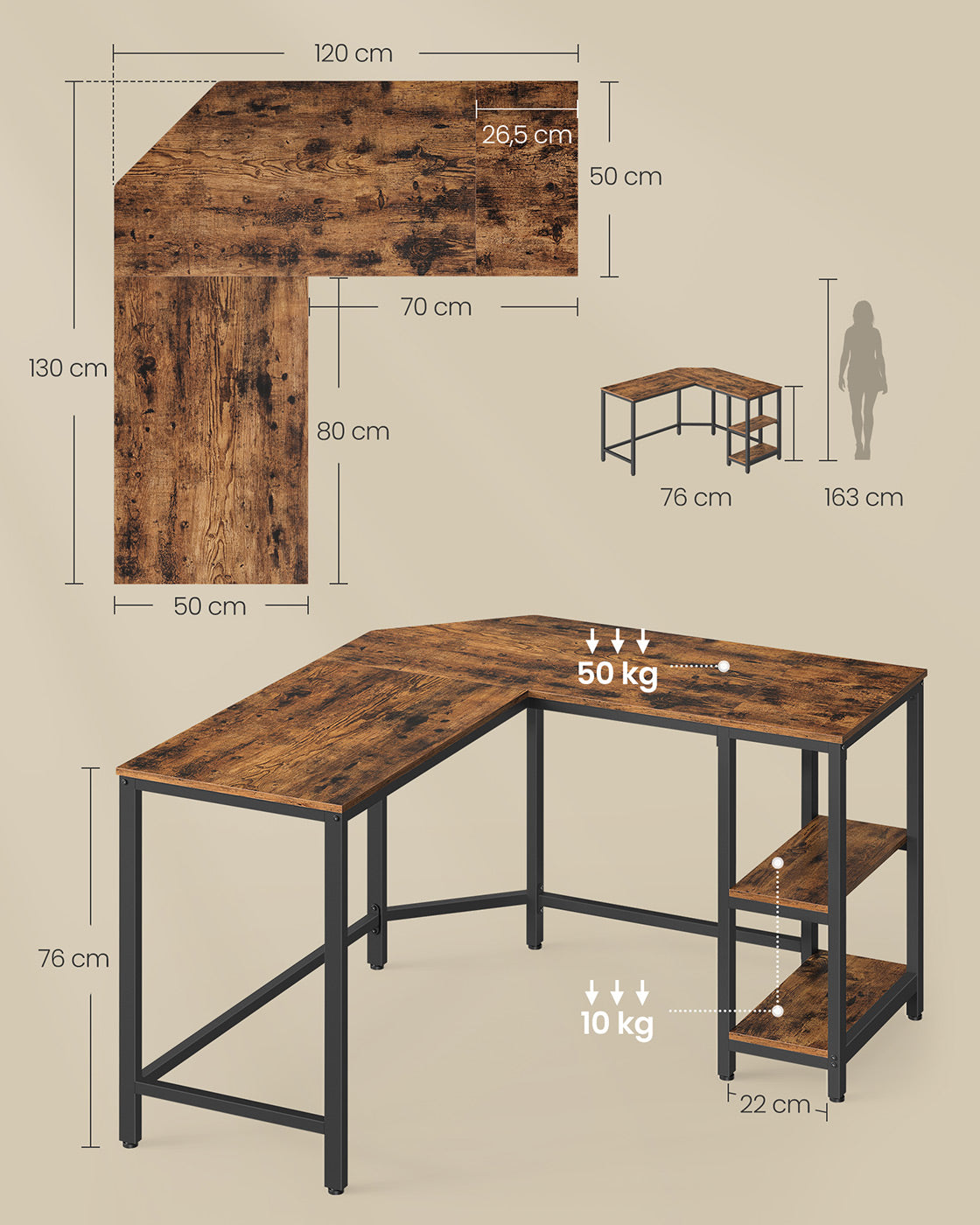 Schreibtisch 120 x 130 x 76 cm mit 2 Ablagen vintagebraun-tintenschwarz
