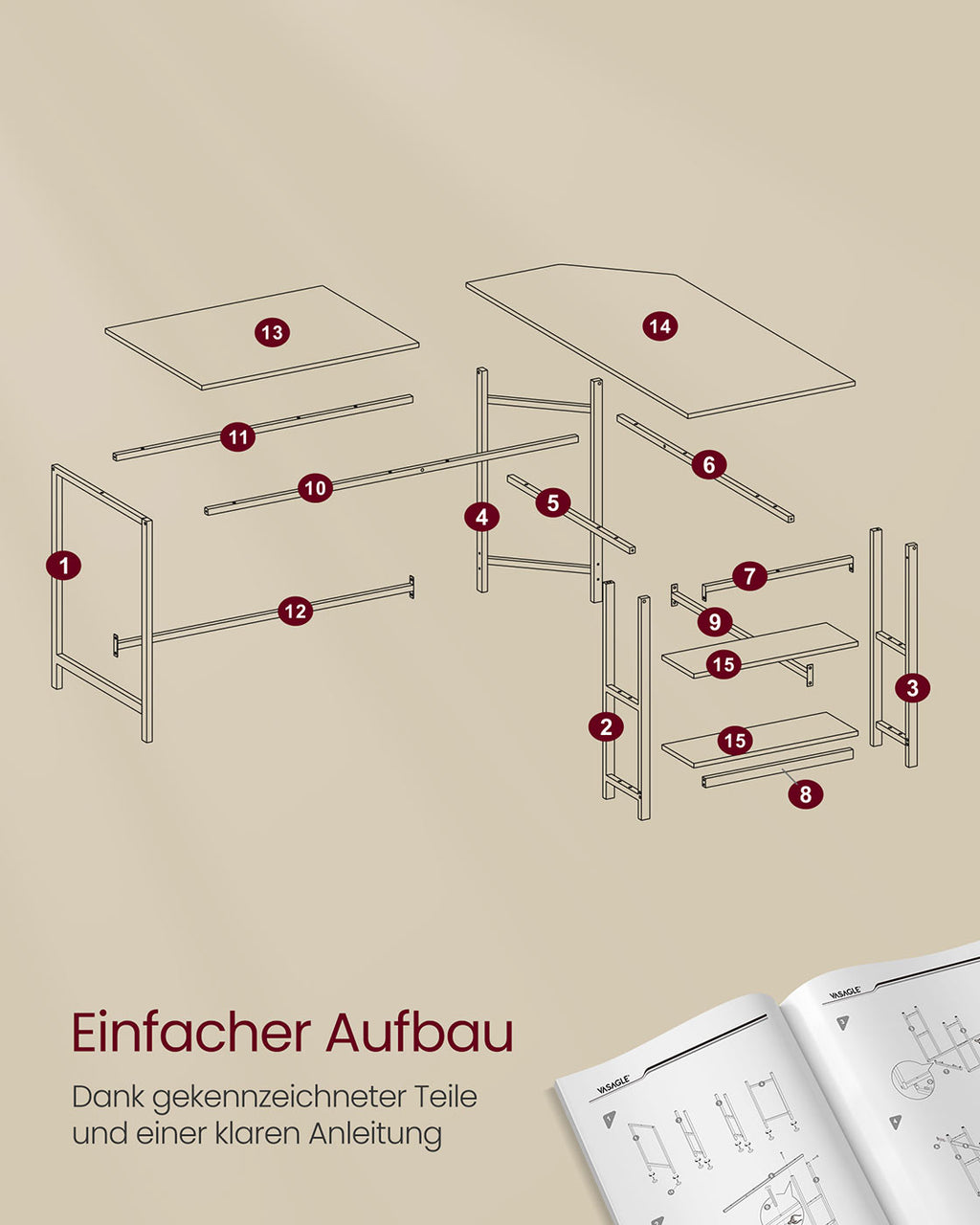 Schreibtisch 120 x 130 x 76 cm mit 2 Ablagen vintagebraun-tintenschwarz