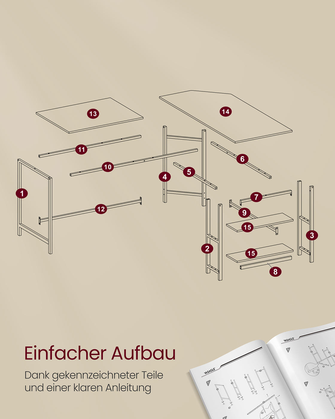 Schreibtisch 120 x 130 x 76 cm mit 2 Ablagen vintagebraun-tintenschwarz