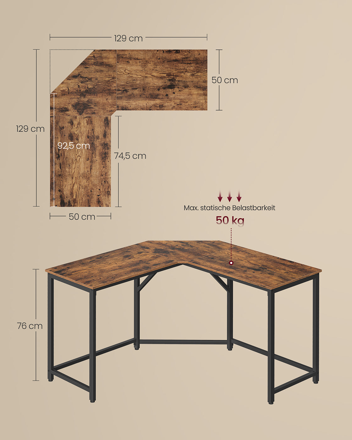 Eckschreibtisch 129 x 129 x 76 cm vintagebraun-tintenschwarz