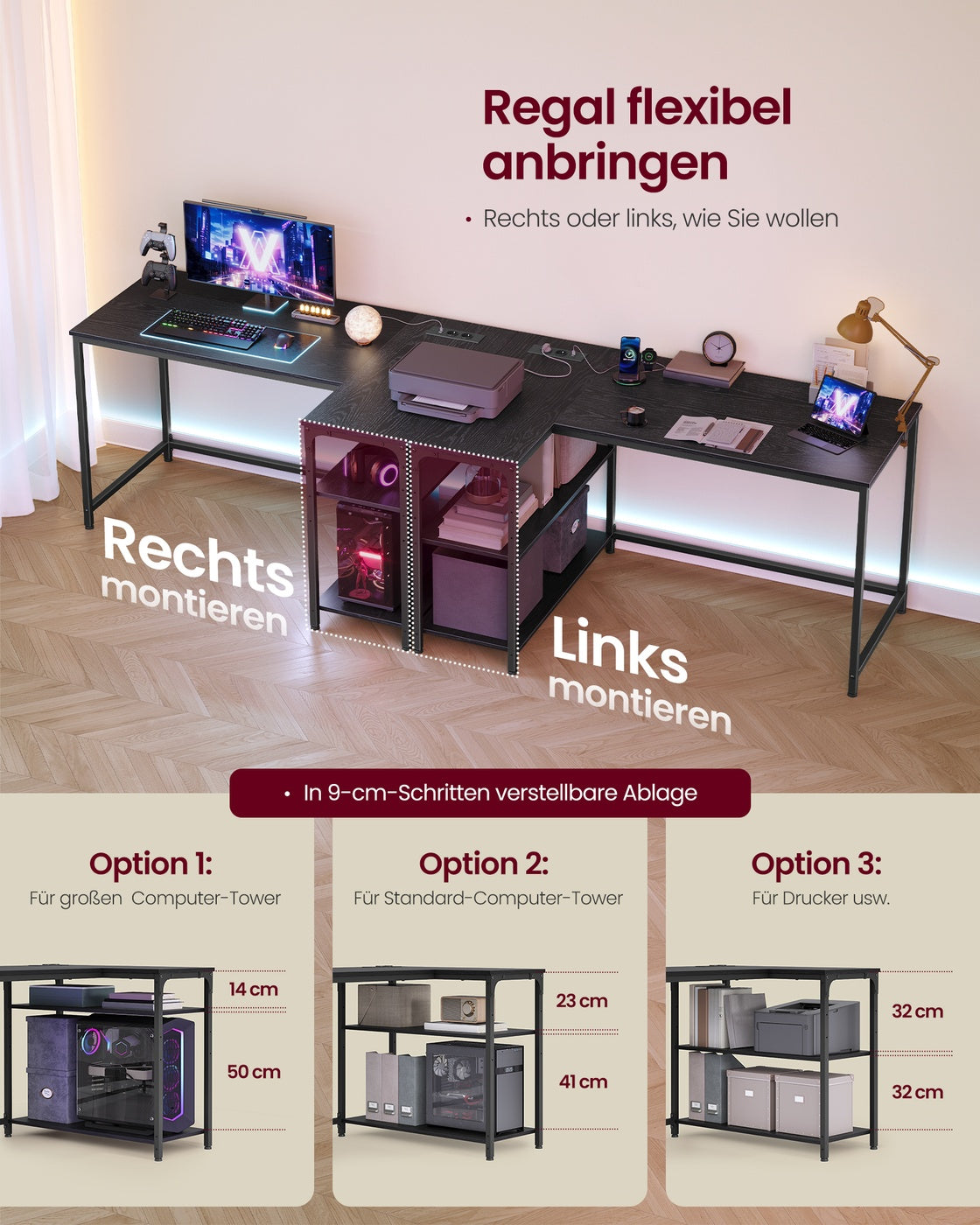 Eckschreibtisch in L Form mit Stauraum für Homeoffice ebenholzschwarz