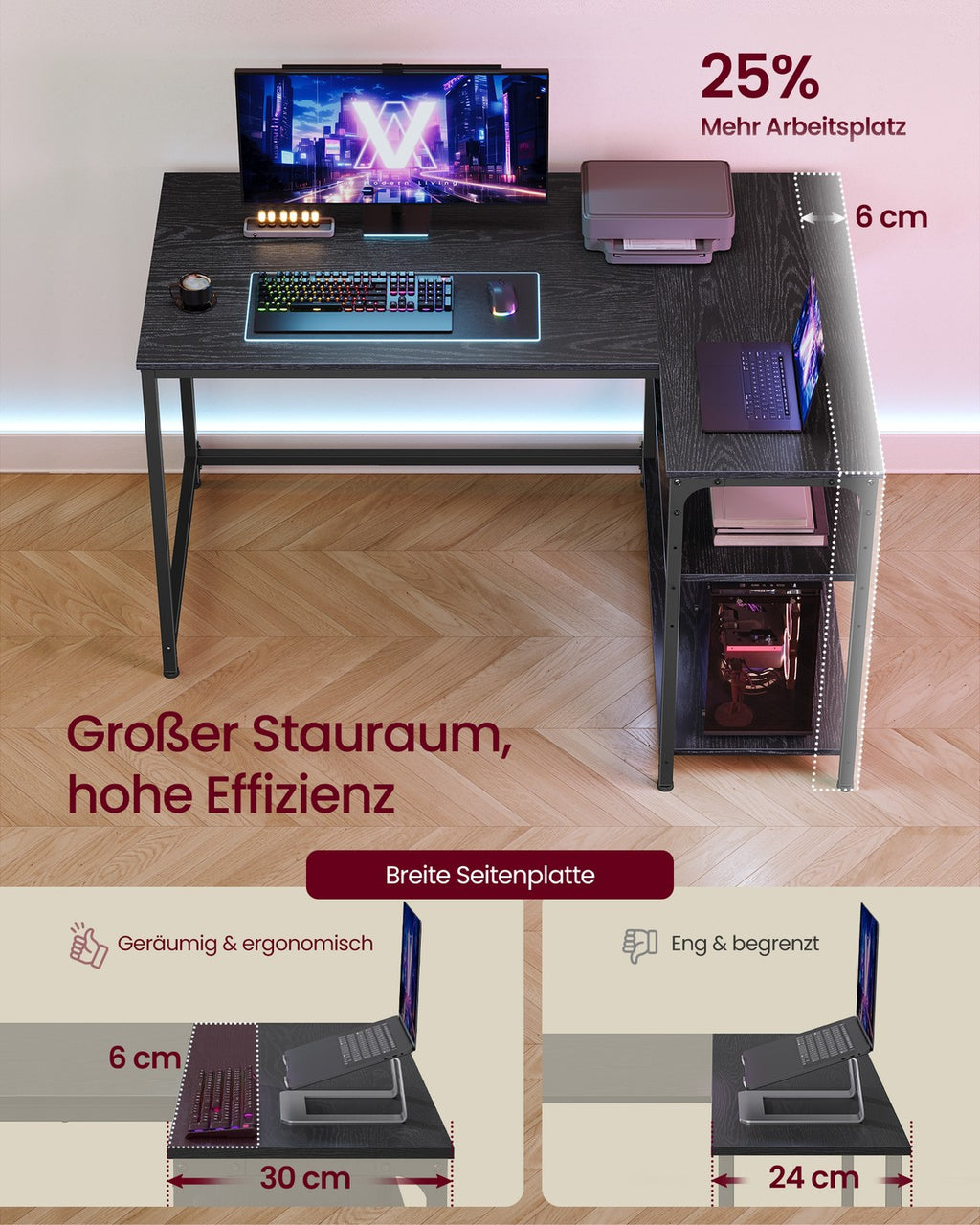 110 x 80 cm Eckschreibtisch in L Form mit Stauraum für Homeoffice ebenholzschwarz
