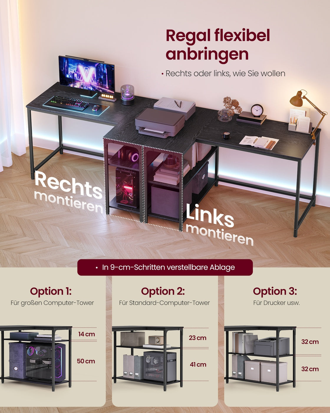 110 x 80 cm Eckschreibtisch in L Form mit Stauraum für Homeoffice ebenholzschwarz