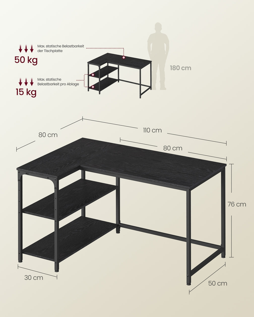 110 x 80 cm Eckschreibtisch in L Form mit Stauraum für Homeoffice ebenholzschwarz