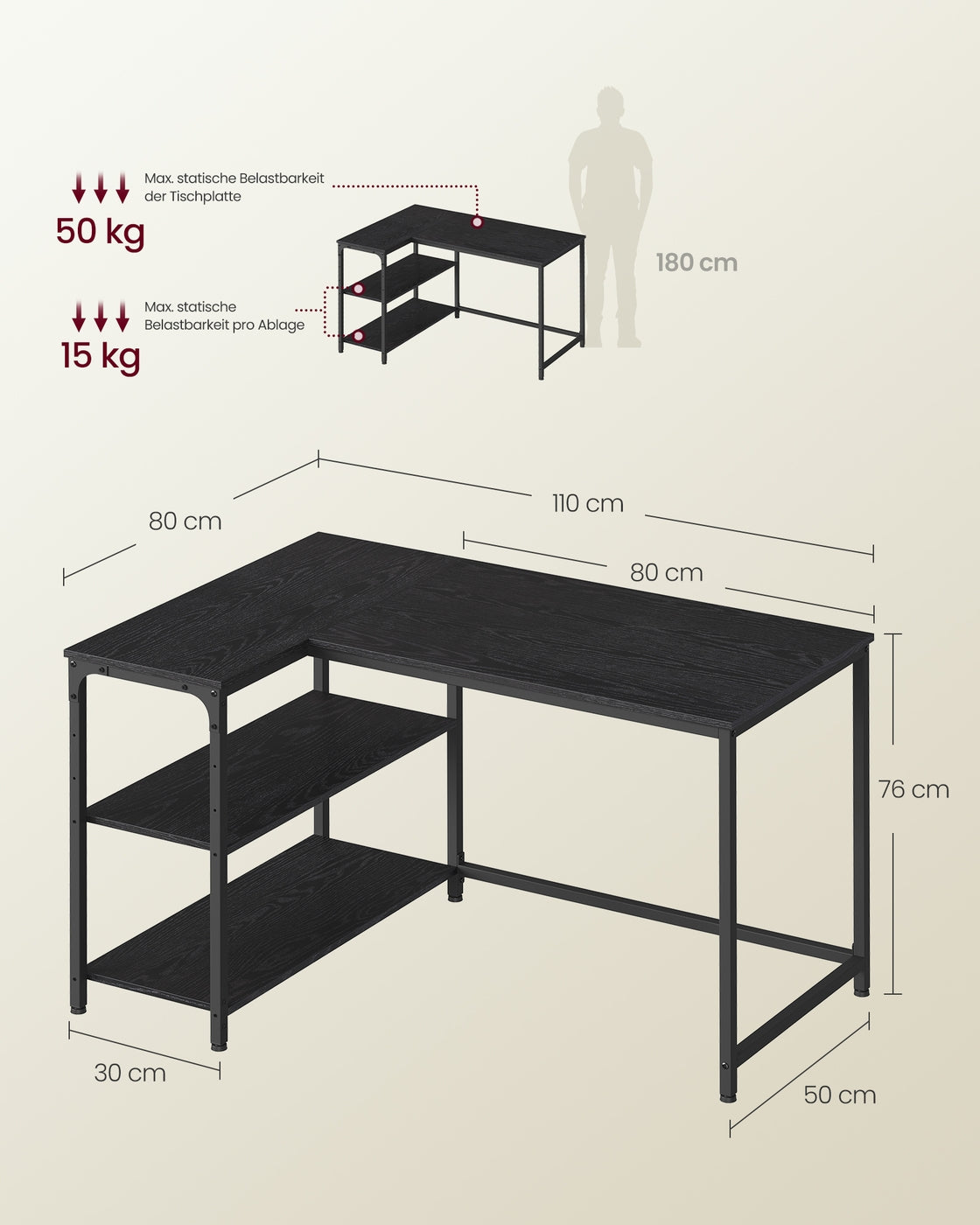 110 x 80 cm Eckschreibtisch in L Form mit Stauraum für Homeoffice ebenholzschwarz