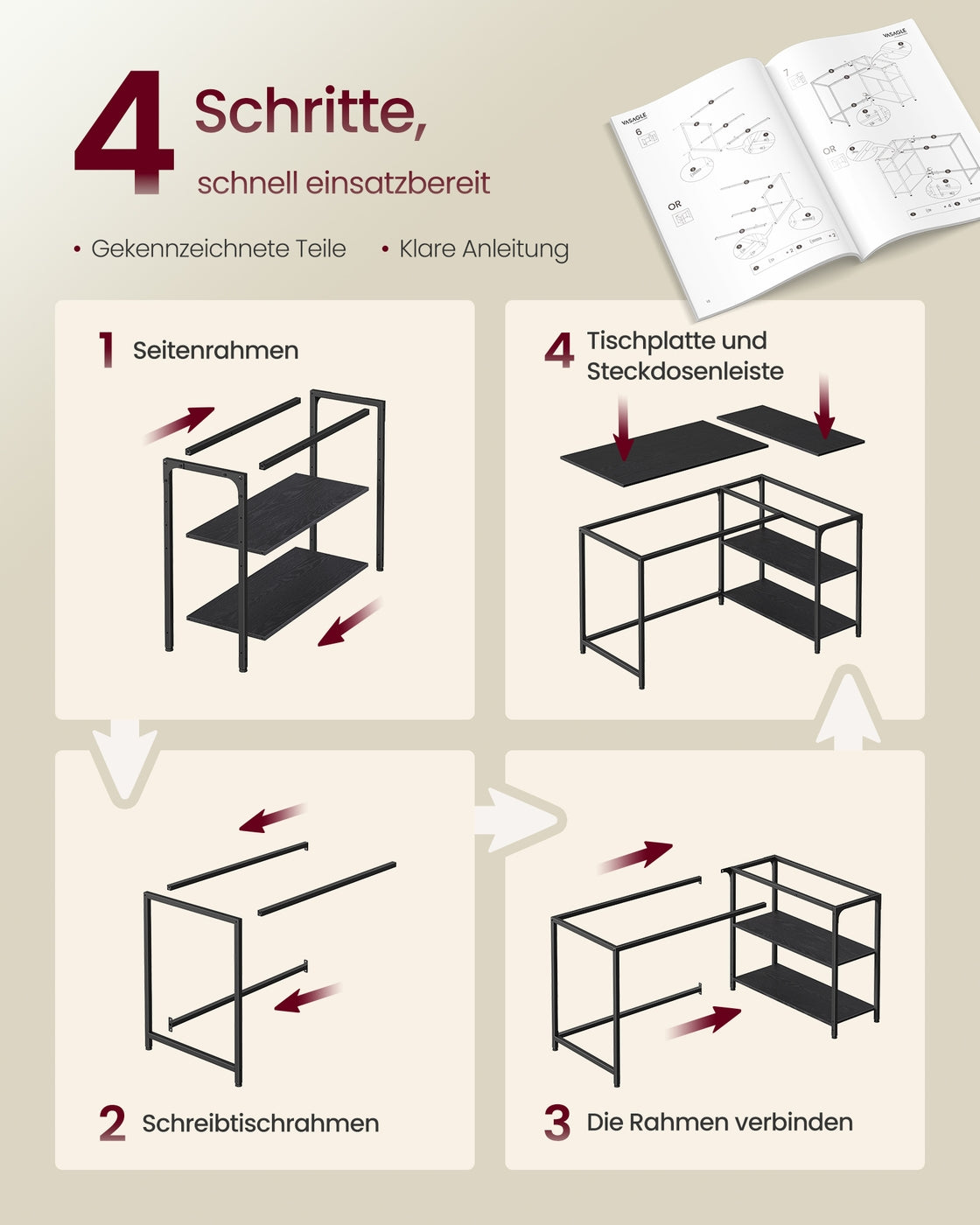 110 x 80 cm Eckschreibtisch in L Form mit Stauraum für Homeoffice ebenholzschwarz