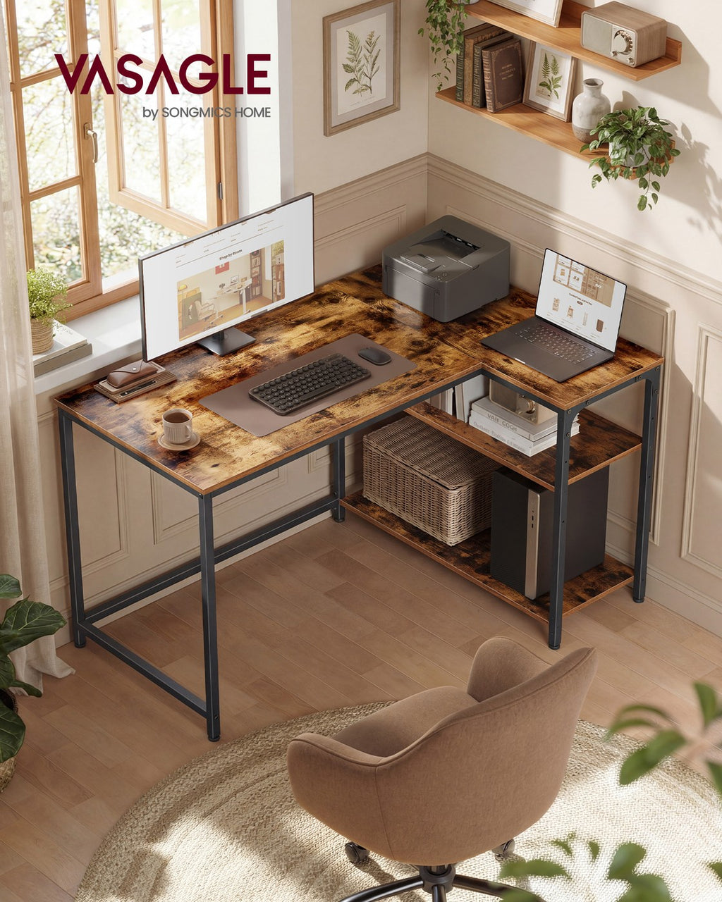 Eckschreibtisch in L Form mit Stauraum für Homeoffice vintagebraun